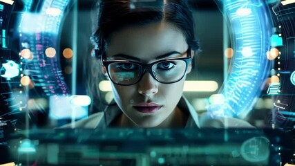 Scientist wearing glasses is working late in her laboratory, interacting with a futuristic transparent computer display showing a hologram user interface - Powered by Adobe