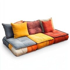 A vibrant, multi-colored sofa with plush cushions, designed for comfort and style, suitable for casual living spaces or relaxation areas, isolate on white background.