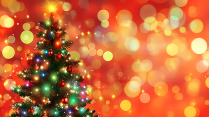 An ornamented christmas tree with bokeh lights against a red background. Ornamented. Illustration
