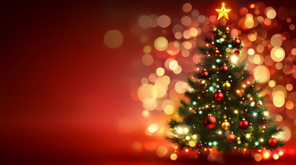 An ornamented christmas tree with bokeh lights against a red background. Ornamented. Illustration