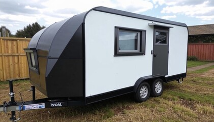 A compact  mobile trailer-home caravan with dual axles and a small window, designed for easy transportation. AI generated.