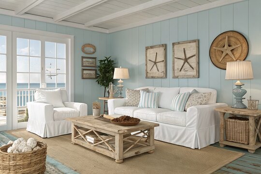 Coastal Living Room Decor Beach Style, White Sofa, Starfish Art