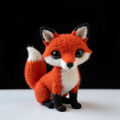 Obraz premium Adorable orange fox toy character with big eyes on a black background 