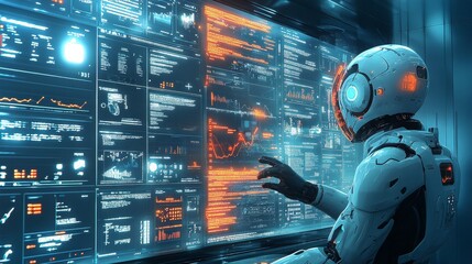 An android analyzes data across multiple screens in a futuristic control room