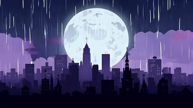 cityscape night stormy sky rain dark clouds occasional lightning illuminating scene creating anime style atmospheric background seamless 4K loop
