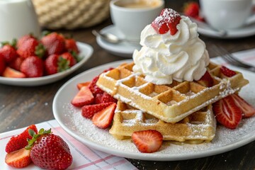 Delicious Waffles with Strawberries, Whipped Cream, and Powdered Sugar