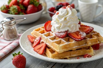 Delicious Strawberry Waffles Topped with Whipped Cream and Powdered Sugar