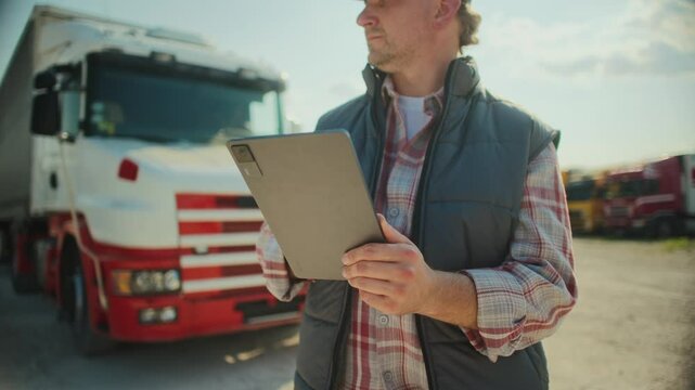 Camera focus on back side of tablet device, Caucasian man holding tablet with one hand while typing on screen. Truck parking in blurred background. Searching for best route in maps online.