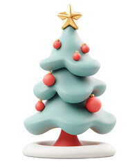 3D cartoon-style Christmas tree featuring colorful ornaments, a golden star topper, and a snowy for festive cheer.
