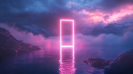Glowing Neon Rectangle Portal Above Water with Mountains, AI generated illustration