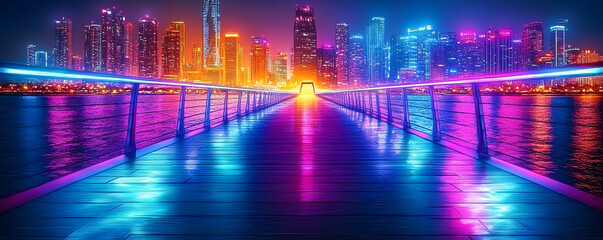 Obraz premium Neon lights illuminate a long, empty pier overlooking a city skyline.