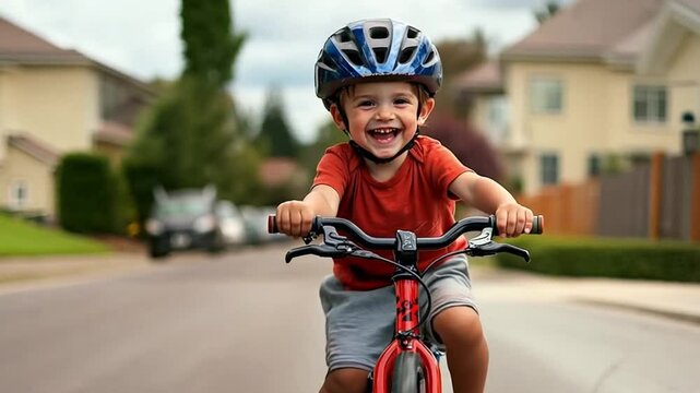 Boy happily riding bikes through a lush forest trail on a sunny summer afternoon, creating childhood memories full of laughter and love