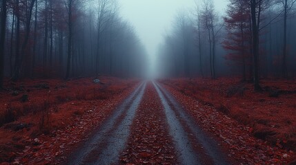 Naklejka premium A misty forest road surrounded by autumn foliage, evoking a sense of mystery and tranquility.