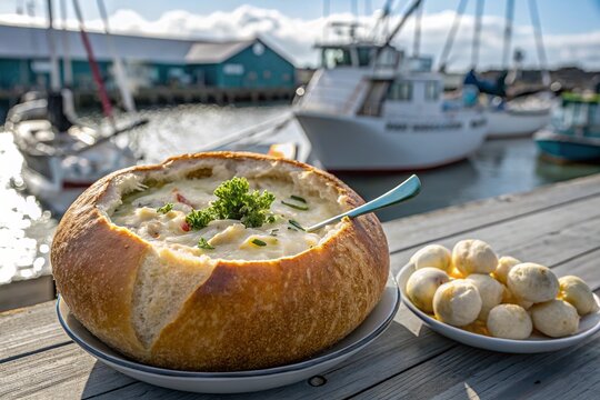 Delicious Clam Chowder in Bread Bowl, Harborside Feast