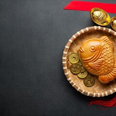  traditional Chinese rice cake shaped like a fish, placed on a woven bamboo tray with decorative golden coins and red ribbons, symbolizing prosperity and abundance.