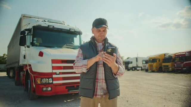 Focused Caucasian male standing in front of his truck while using smartphone. Looking at screen. Pressing with fingers on touch screen. Confirming finished delivery. Sunny weather outside.