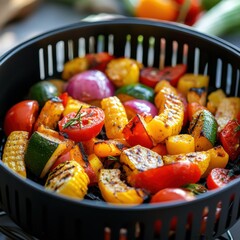 Colorful Cooked Vegetables in Air Fryer Basket