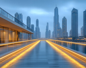 Fototapeta premium A long, empty walkway leading to a modern city skyline, lit by golden lights.