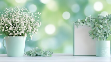 Fototapeta premium Beautiful Spring Decor with Fresh Green and White Flowers in Elegant Mint Pots Against a Soft Blurred Green Background for Home or Office Aesthetic