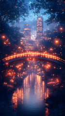 Obraz premium A magical night scene with a bridge, a river, and glowing lights in the trees, with a cityscape in the background.