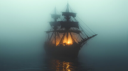 Fototapeta premium Mysterious Ghost Ship Gliding Through Dense Fog at Dusk 