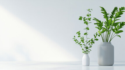 Fresh green plants in modern vases on minimalist table against light wall. This serene setup enhances any space with touch of nature and tranquility