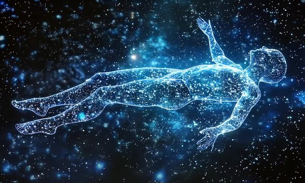 A man is floating in space with his arms outstretched. Concept of freedom and exploration, as the man is reaching out to the stars. The blue and white colors of the image create a serene