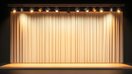 A spotlighted stage with high-quality cream-colored curtains, gold detailing on the borders, and a subtle glow from surrounding chandeliers, emphasizing sophistication