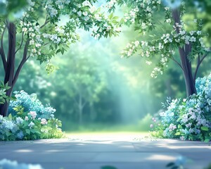 Obraz premium Tranquil Natural Landscape Featuring Lush Green Trees, Vibrant Flowers, and Soft Light Creating a Serene Outdoor Environment Ideal for Relaxation or Inspiration