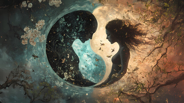 Man and woman forming yin yang symbol showing duality of nature. Divine. Illustration