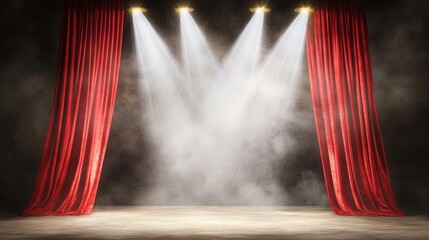 A theater stage with deep red curtains and gold trim, partially opened to reveal a high-end performance area with luxurious finishes