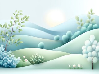 Serene Landscape with Soft Green Hills, Gentle Curves, and Delicate Flora in a Calm and Peaceful Setting Under a Bright Soft Sunlight