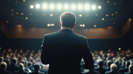 A CEO giving a motivational speech to employees in an auditorium.