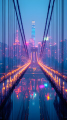 Obraz premium A stunning view of a cityscape at dusk, with the lights of the city reflecting in the water below.