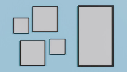 Minimalist arrangement of frames in different sizes in white on a blue wall. Perfect for interior design projects and as decor inspiration. Ideal for decoration blogs and furniture catalogs.