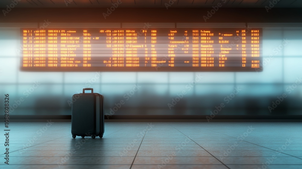 Poster Unattended suitcase sits in a deserted airport terminal beneath a digital flight schedule, creating a lonely and anticipatory atmosphere
