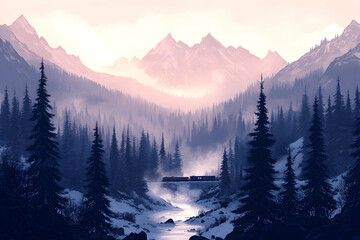 Obraz premium A train travels through a snow-covered valley, with majestic mountains in the background.