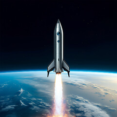 Naklejka premium Rocket Launching Off Over Planet Earth, Fire and Smoke, Space & Science Image