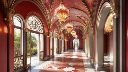 Luxurious Art Deco Lobby with Chandeliers and Patterned Walls