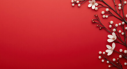 Obraz premium Minimalist floral decoration with white flowers and pearls on red background