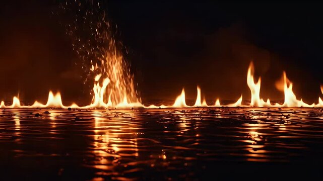 blazing fire moving reflective surface dark atmospheric environment orange flames reflecting t creating powerful dramatic 4K visual effect