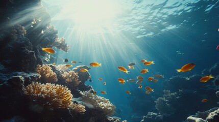 Obraz premium A coral reef underwater teeming with colorful fish and marine life.