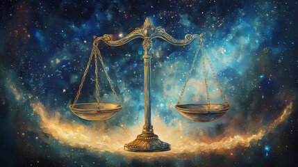 Thought-provoking depiction of divine scales, balancing the forces of light and darkness, symbolizing cosmic harmony. Divine. Illustration