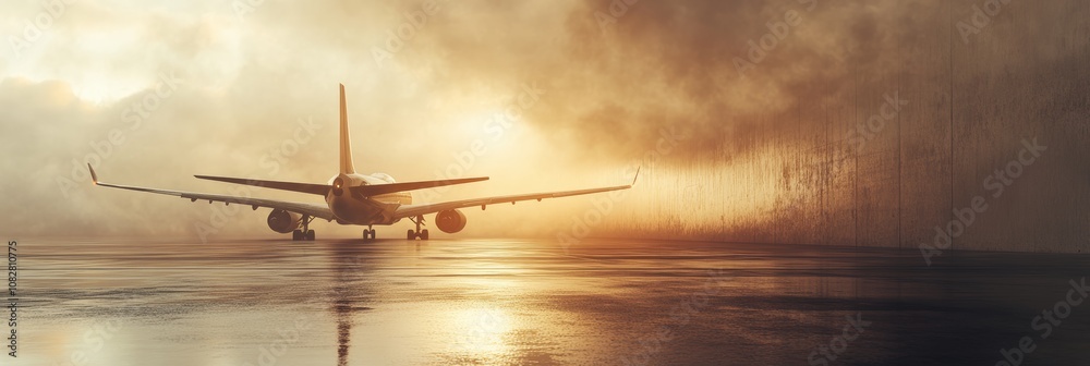 Aufkleber Large passenger airplane is standing on a wet runway with the sun setting behind it. The airplane is illuminated by the setting sun, creating a warm, inviting glow