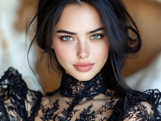 A woman with long black hair and green eyes posing for a picture