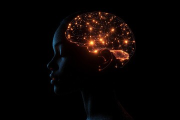 Obraz premium A black woman's silhouette with a glowing brain, showcasing neural connections and exploring the depths of human consciousness