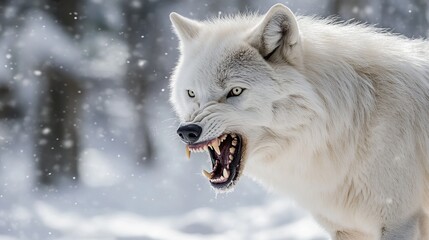Fototapeta premium Fierce White Wolf in Winter Forest, AI generated illustration
