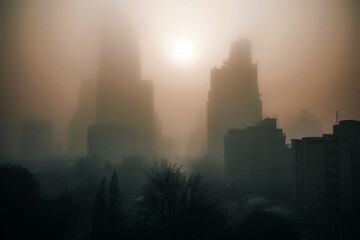 A hazy city skyline at dusk with sunlight peeking through the fog to reveal muted tones and a cinematic blend of urban and natural elements.