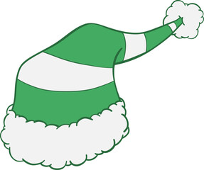 Green and white stripped Christmas pointed elf hat hand drawn illustration with white fur trim and pompom