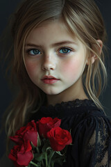 Fototapeta premium A young girl holding a bunch of red roses in her hand